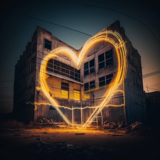 Arafed photograph of a heart shaped light painting in front of a building generative ai