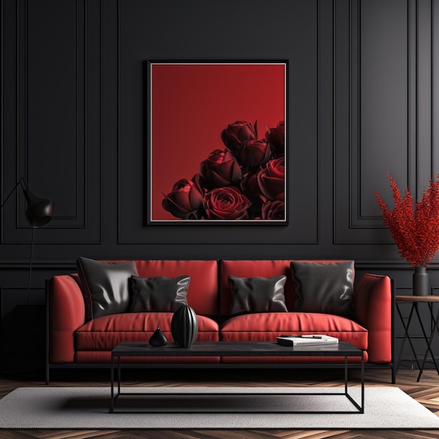 arafed photograph of a red couch in a black room generative ai