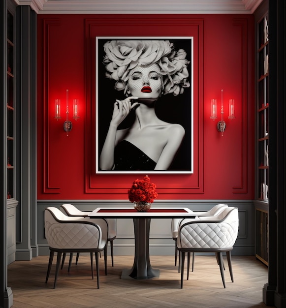 arafed photograph of a woman with a red lipstick on a red wall generative ai