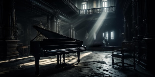 Арафированное пианино в темной комнате с лучом света, проходящим через окно, генерирующее ай