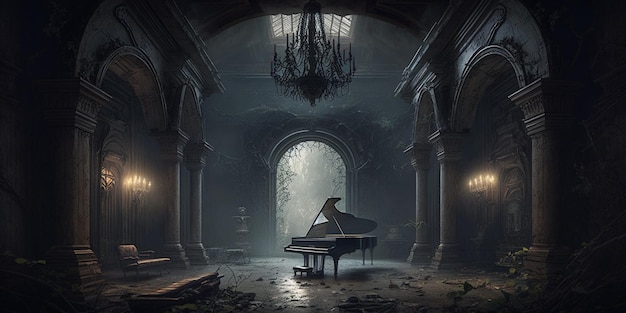Arafed piano in een donkere kamer met een kroonluchter en een kroonluchter generatieve ai