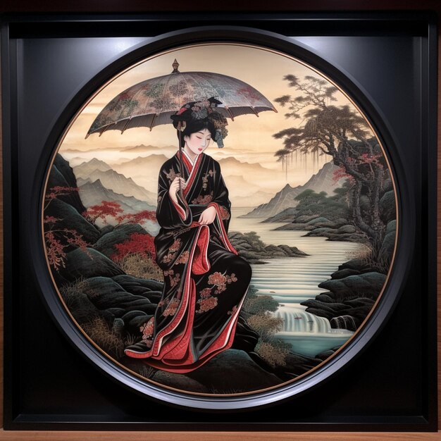 Photo arafed picture of a woman in a kimono dress holding an umbrella generative ai