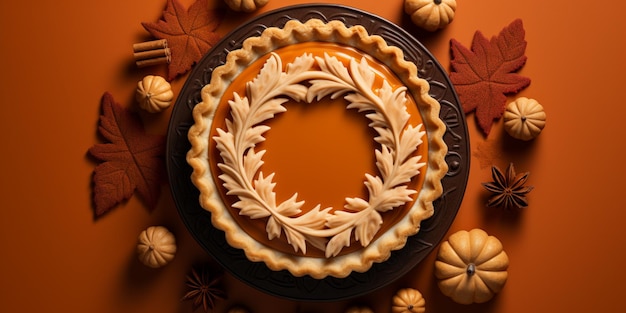 Arafed pie with a decorative wreath on top of it surrounded by pumpkins generative ai
