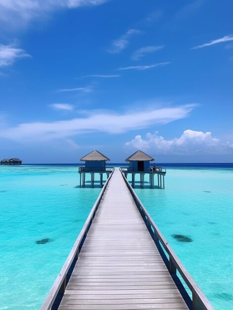 arafed pier leading to a beach with a huts on the water generative ai