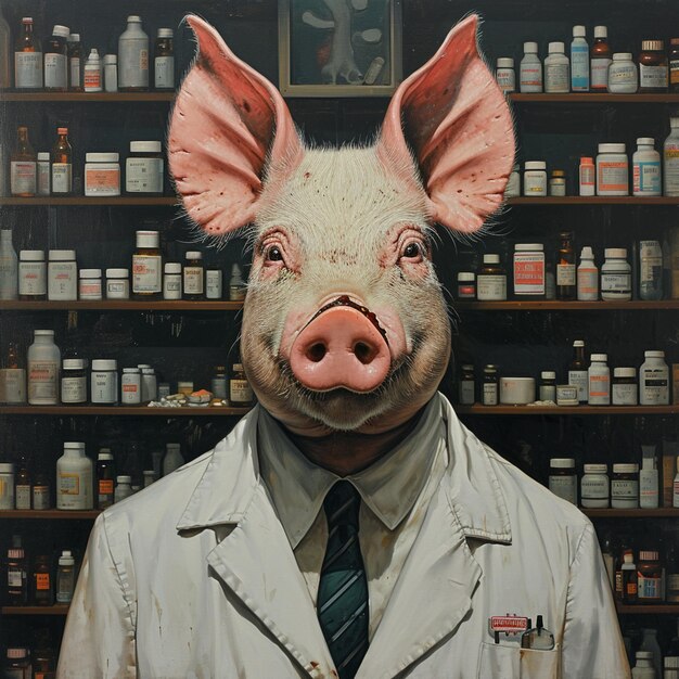 arafed pig in a lab coat standing in front of a shelf of medicine generative ai