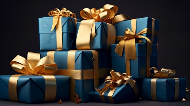 arafed pile of blue and gold wrapped presents with gold ribbons. generative ai.