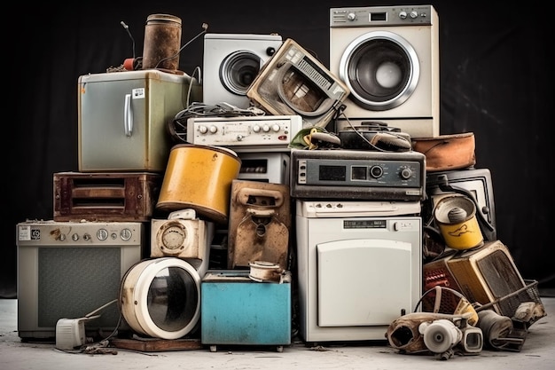 Arafed pile of old appliances and appliances sitting on a table generative ai