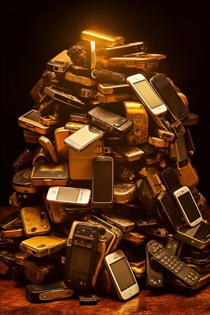 テーブルの上に古い携帯電話の積み重ねられた生成AI.