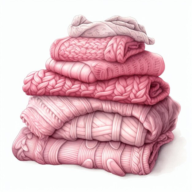 白い背景にピンクのセーターが積まれた荒々しい生成AI