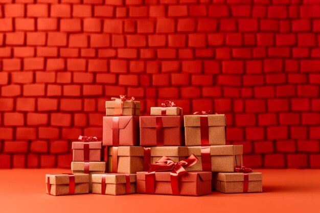 arafed pile of presents with red bows and bows on them generative ai