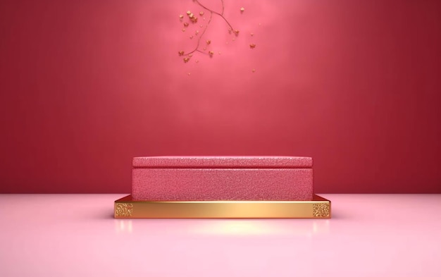 Arafed pink box with gold trim and a branch of a plant generative ai