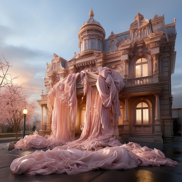 Photo arafed pink fabric draped over a building in front of a tree generative ai