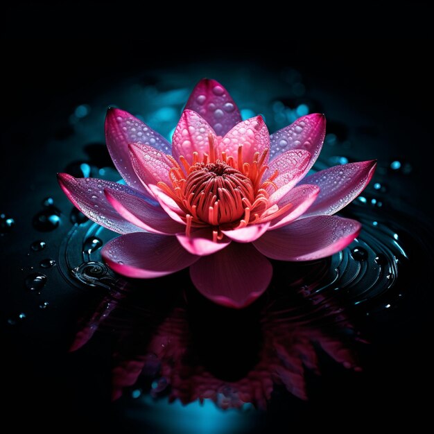 Arafed pink flower with water droplets on a black surface generative ai