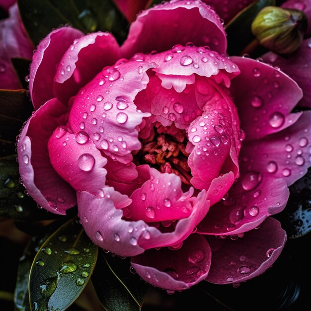 Arafed pink flower with water droplets on it in a garden generative ai