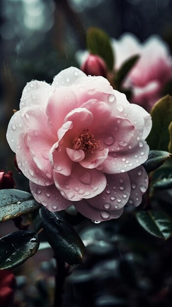 写真 ピンク色の花が 雨の中の水滴で