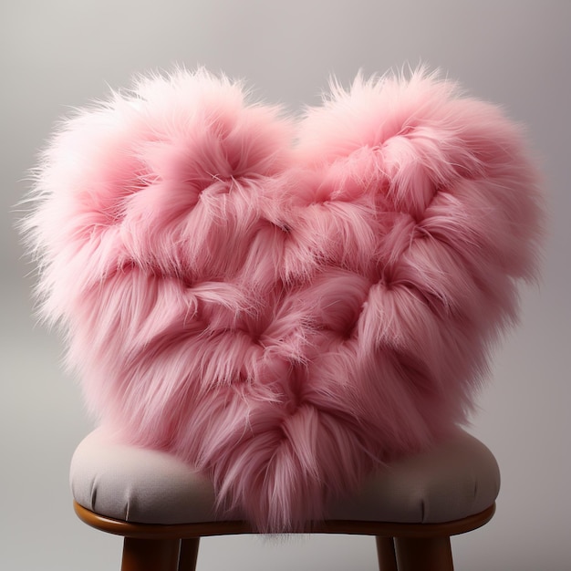 Фото Розовая пушистая подушка в форме сердца на стуле