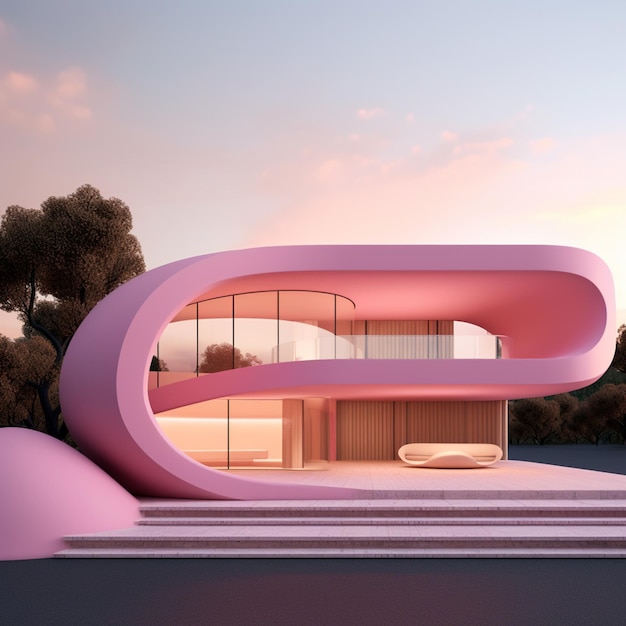 arafed pink house with a curved roof and a staircase generative ai