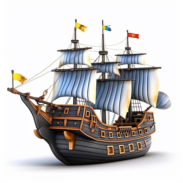 Arafed pirate ship with flags on a white background generative ai