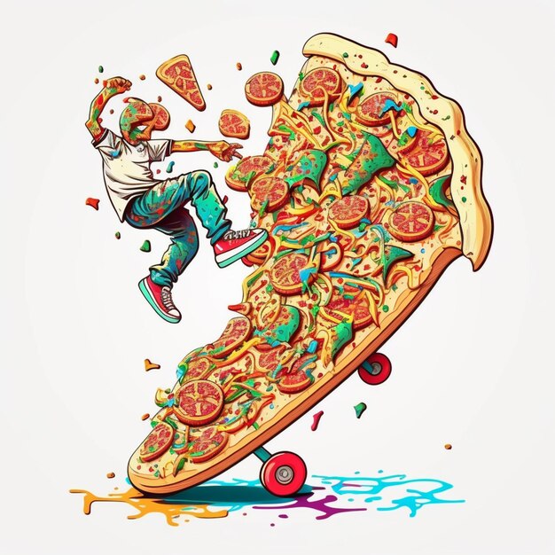 Foto arafed pizza met een man op een skateboard en veel toppings generatieve ai