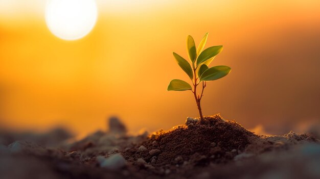 Arafed plant growing out of dirt with sun setting in the background generative ai