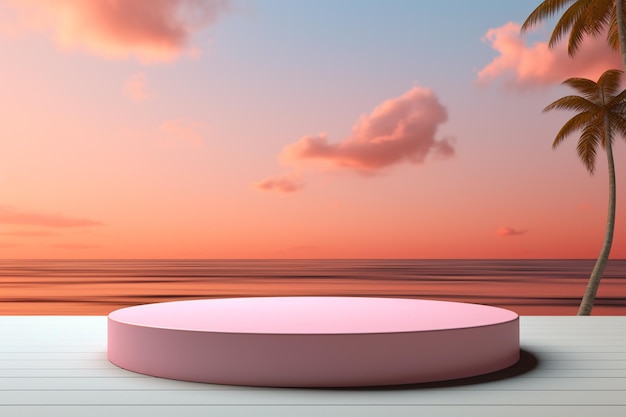 arafed platform with a pink surface and palm trees on the beach generative ai