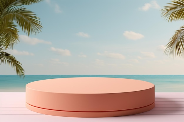 arafed platform with a round table and palm trees on a beach generative ai