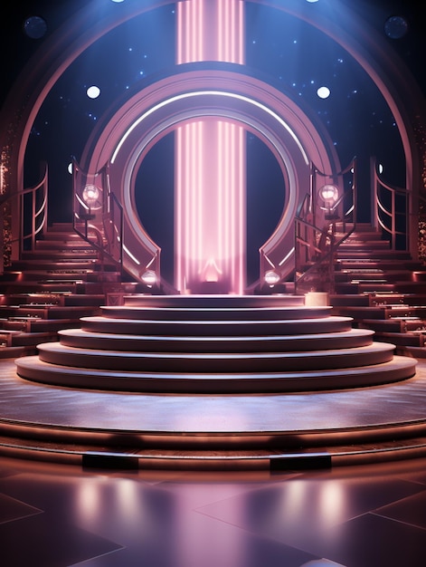 Foto arafed podium met een cirkelvormig podium en stappen met een helder licht genererende ai