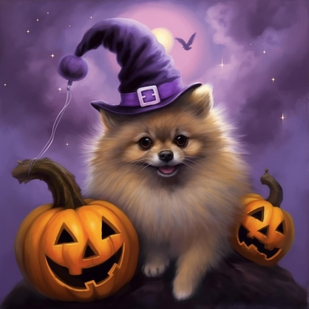 arafed pomeranian dog wearing a witch hat and pumpkins generative ai