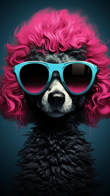 Arafed poodle with pink hair and sunglasses on a blue background generative ai