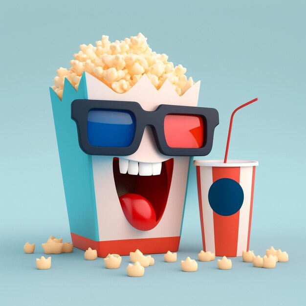 Photo arafed popcorn with 3d glasses and a drink in a box generative ai