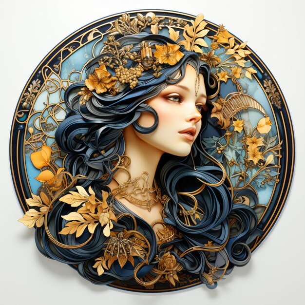 파란 머리카락과 꽃을 가진 여성의 아라페드 초상화