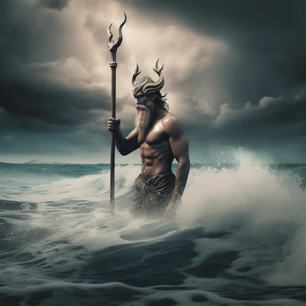 arafed pose of a man with a spear in the ocean generative ai