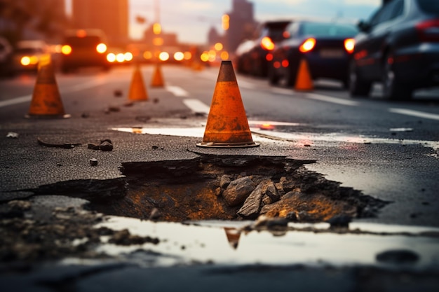 Arafed pothole on a city street with traffic in the background generative ai