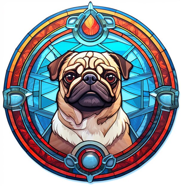 Photo arafed pug dog in stained glass with a medallion in the background generative ai