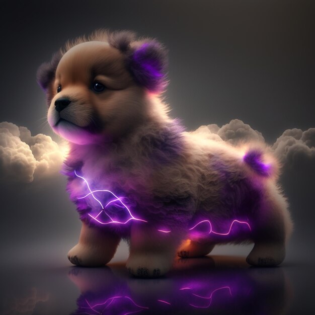 Photo arafed puppy with a purple light up collar and a glowing collar generative ai