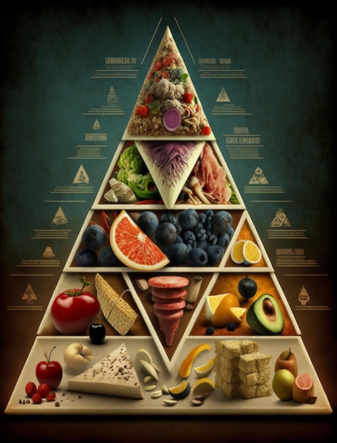 Арафированная пирамида пищи с различными фруктами и овощами