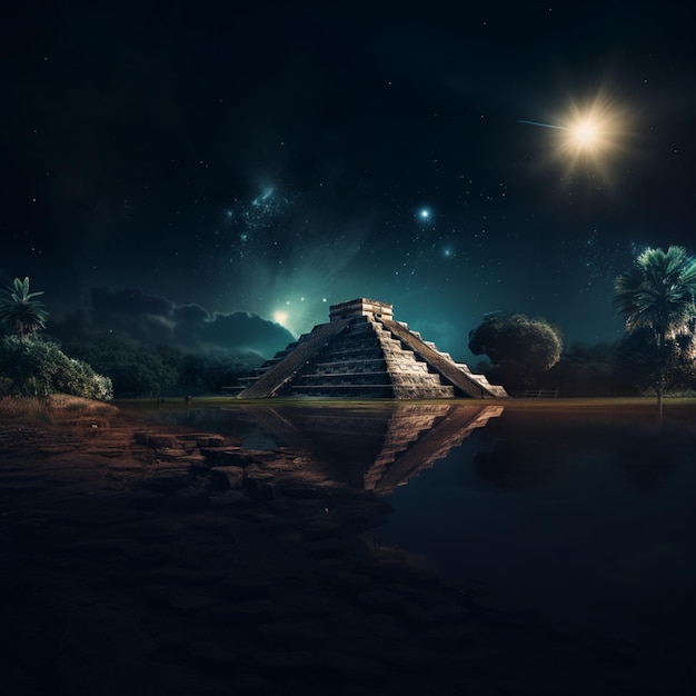 arafed pyramid in the middle of a body of water with a moon in the background generative ai