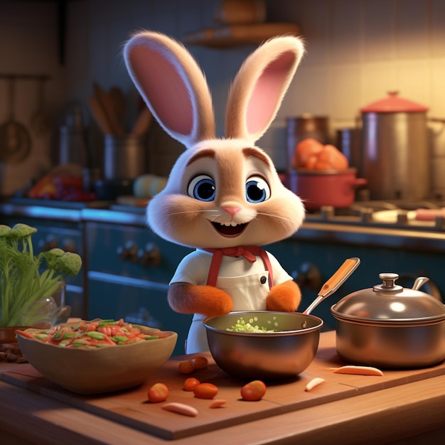 Arafed rabbit in a chefs apron standing in front of a bowl of food generative ai