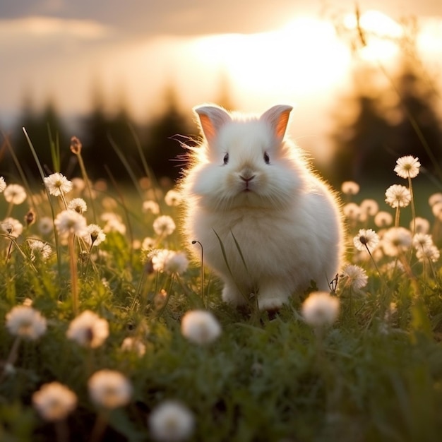Arafed rabbit sitting in a field of dandelions at sunset generative ai