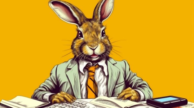 Arafed rabbit in a suit sitting at a desk with a calculator and a cell phone generative ai