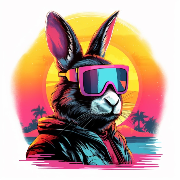 Арафированный кролик в солнцезащитных очках и куртке на пляже