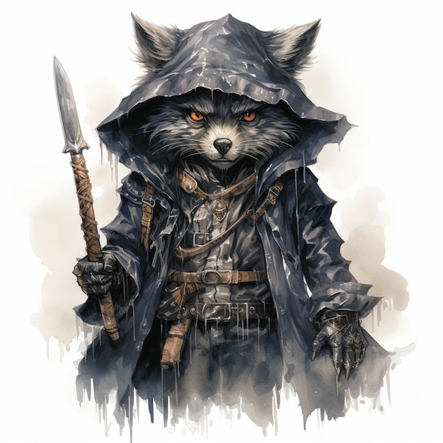 arafed raccoon with a hood and a knife in his hand generative ai