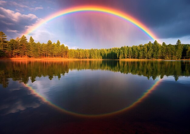 Arafed rainbow over a lake with trees and a sky generative ai