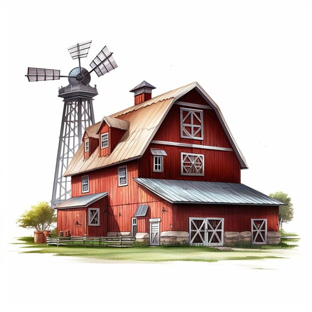 arafed red barn with a windmill and a barn door generative ai