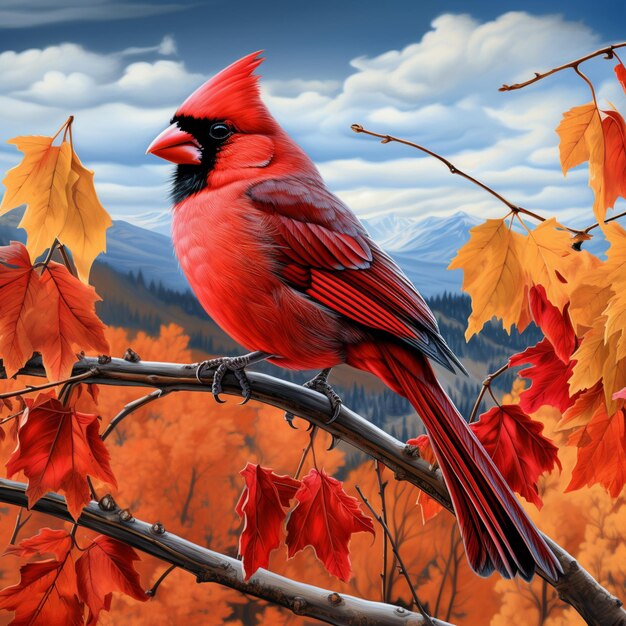 Arafed red bird perched on a branch with red leaves generative ai