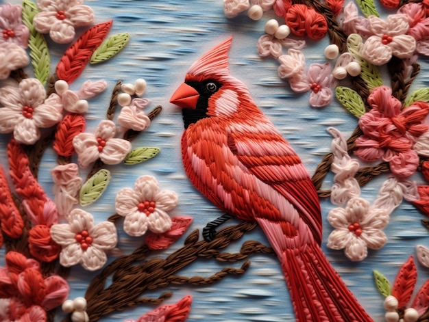 Photo arafed red bird sitting on a branch of a tree with flowers generative ai