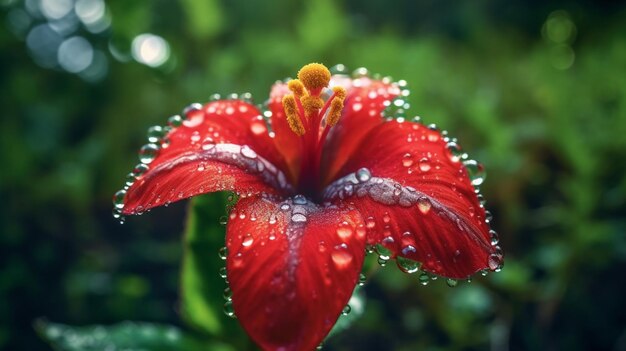 Arafed red flower with water droplets on it in the garden generative ai