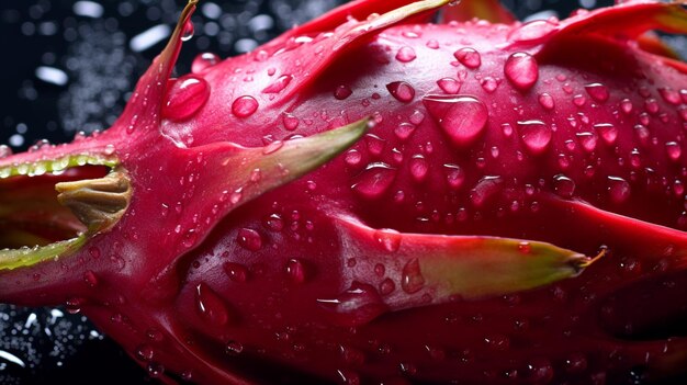 Photo arafed red fruit with water droplets on it on a black surface generative ai