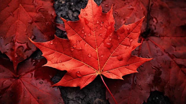 arafed red leaf on a rock with water droplets generative ai