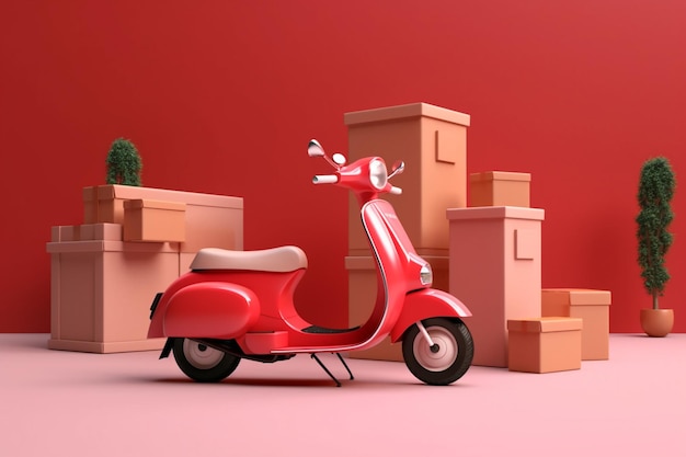 Arafed red scooter parked in front of a pile of boxes generative ai